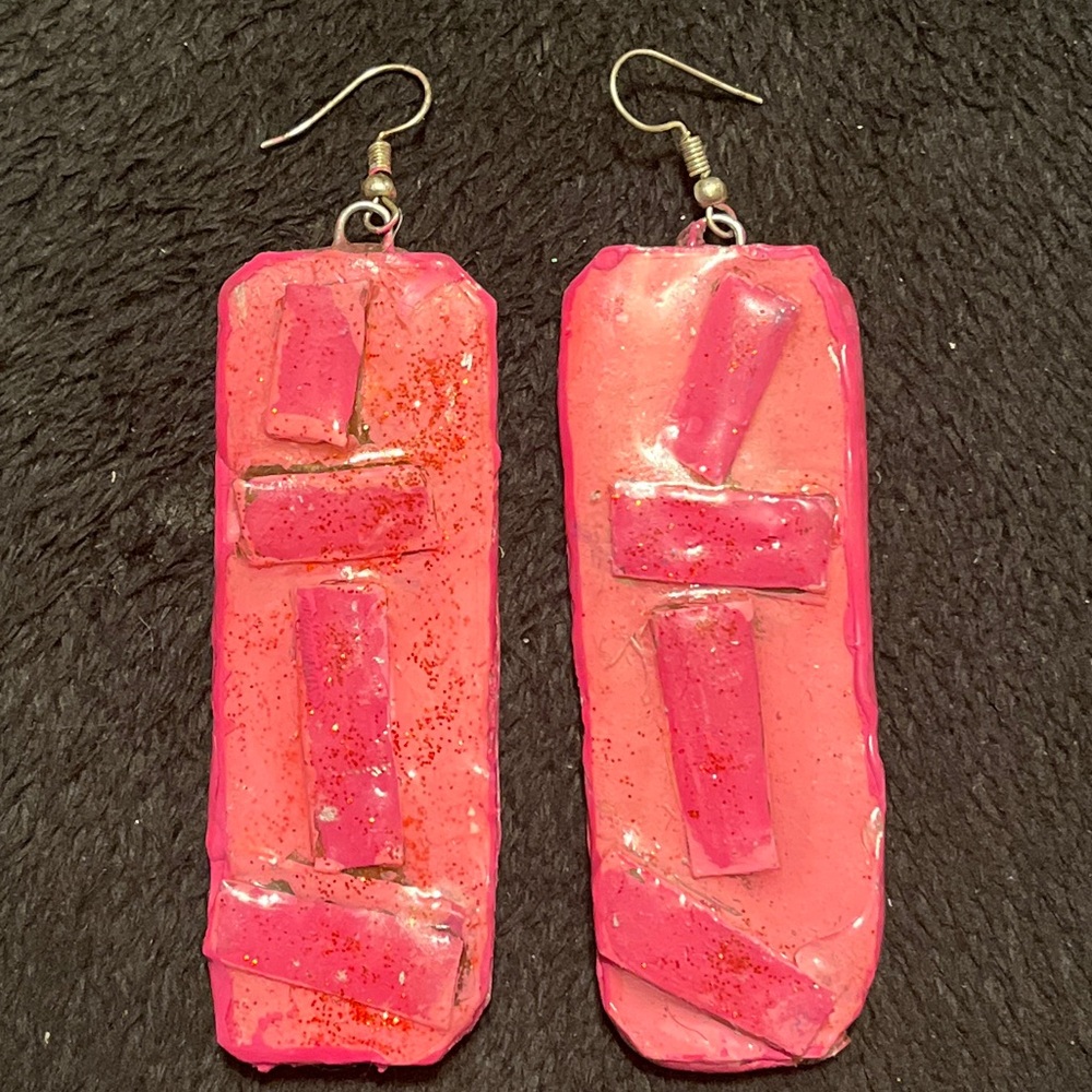 Rare Unique One of a Kind Handmade Pink Rectangular Dangle Earrings